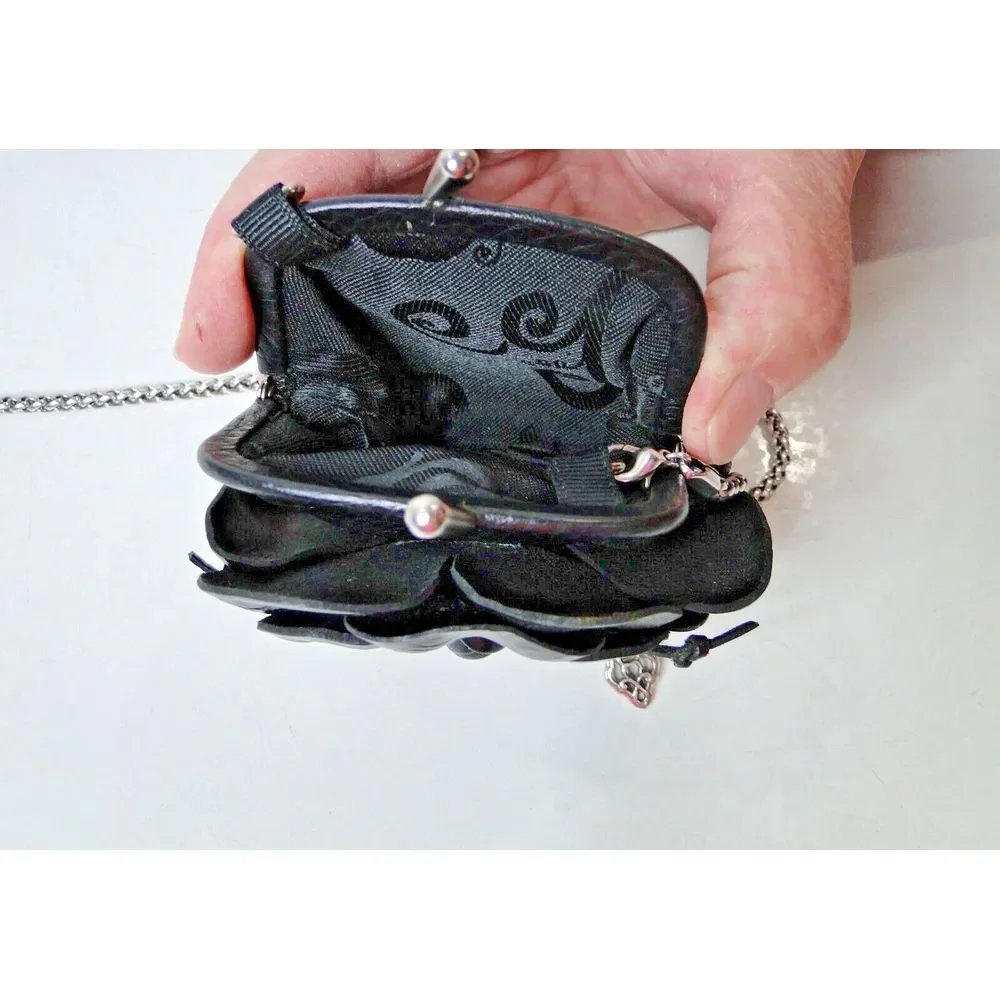 Brighton Roselie Flower 3D‎ Black Leather Chain Crossbody Small Purse Kisslock